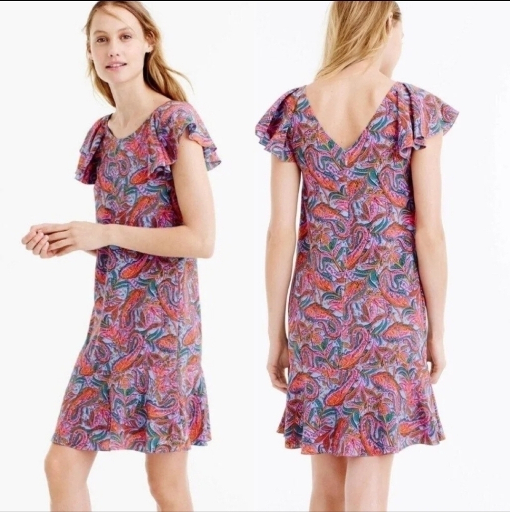 J Crew Colorful Paisley Flutter sleeve 100% Silk Dress Size 2 Tall